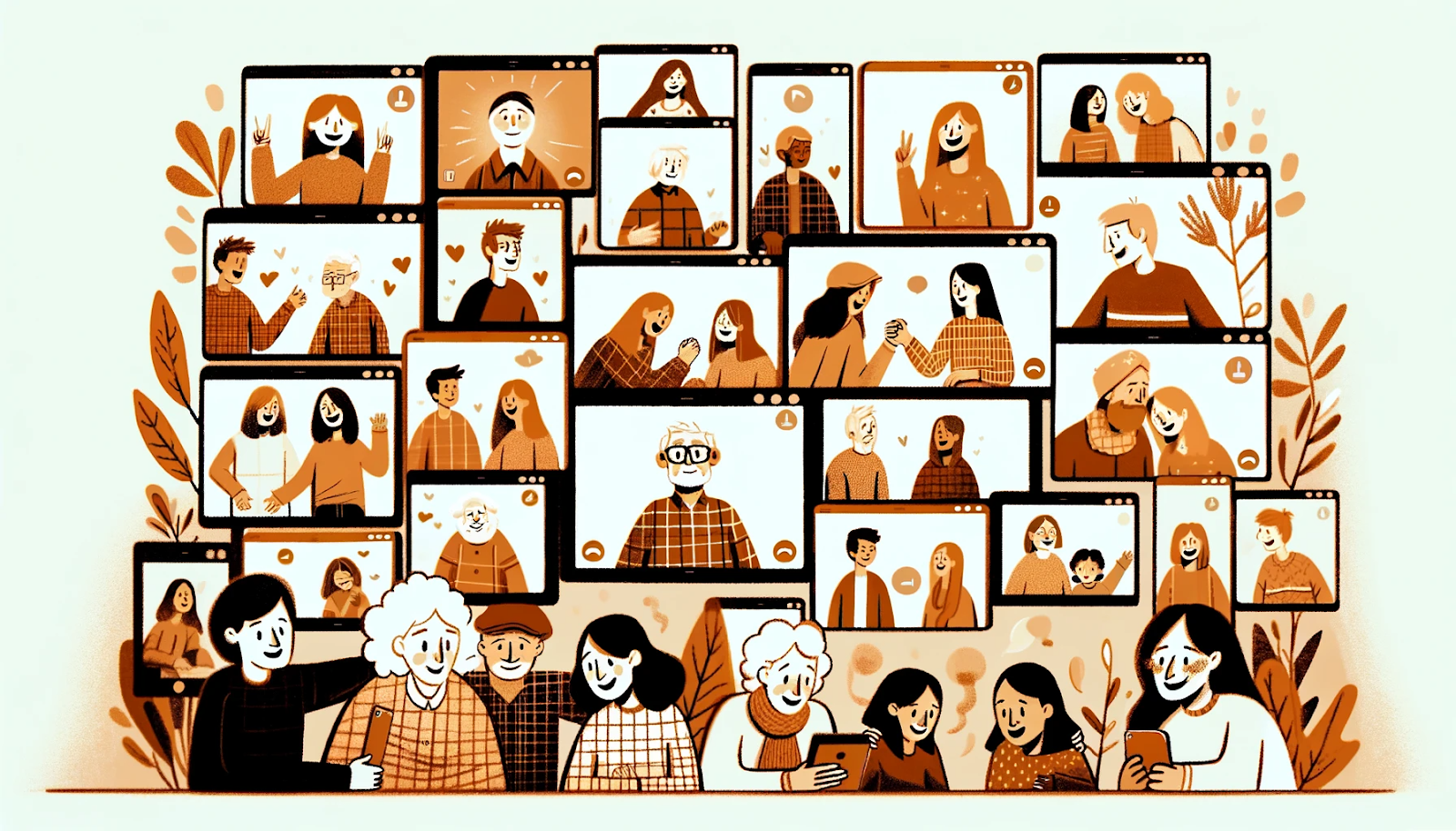 Cartoon depicting multiple friends and family members of various ages connecting over a video call