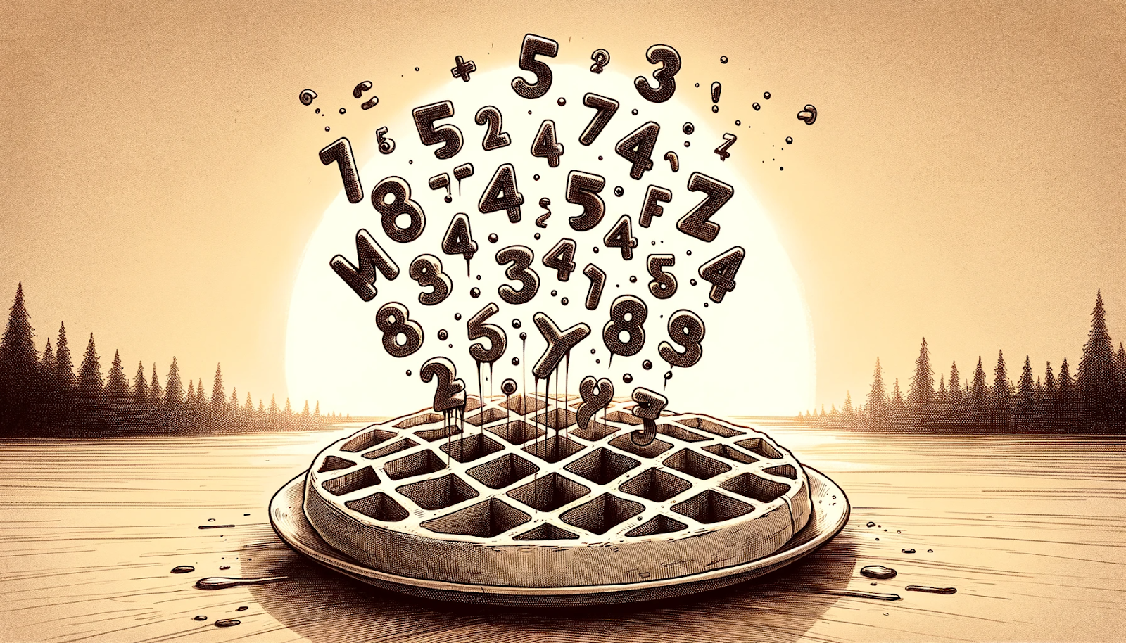 A sepia-toned cartoon sketch depicting a waffle with each of its square holes filled with numbers and letter symbols rising in front of a sunrise scene
