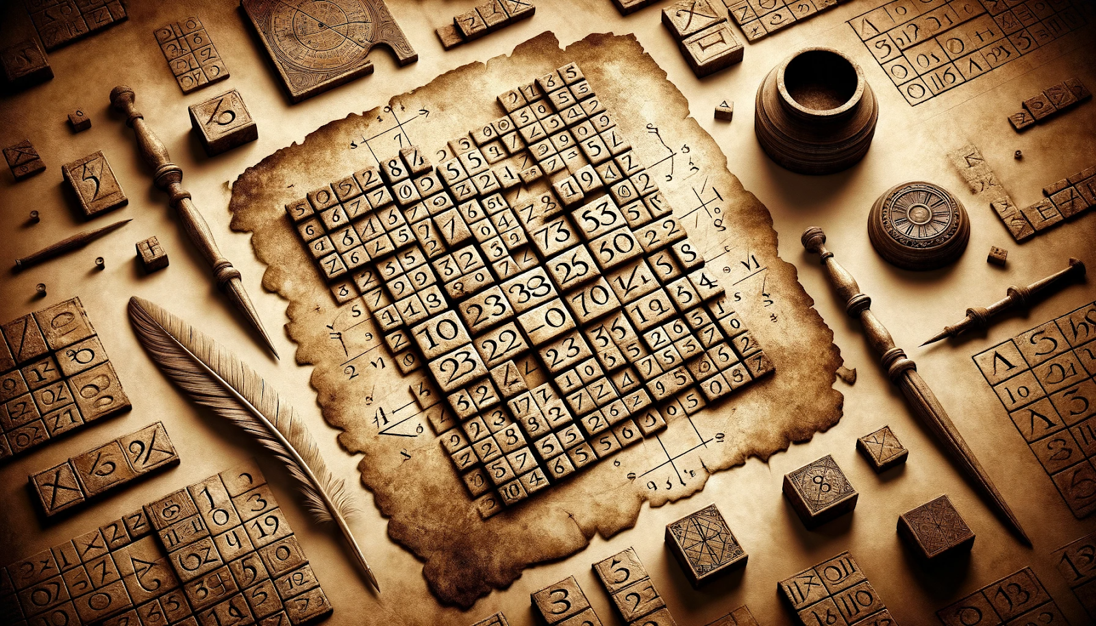 A sepia-toned image depicting an ancient number puzzle, reminiscent of early mathematical artifacts. The puzzle should appear on a worn, textured surf.